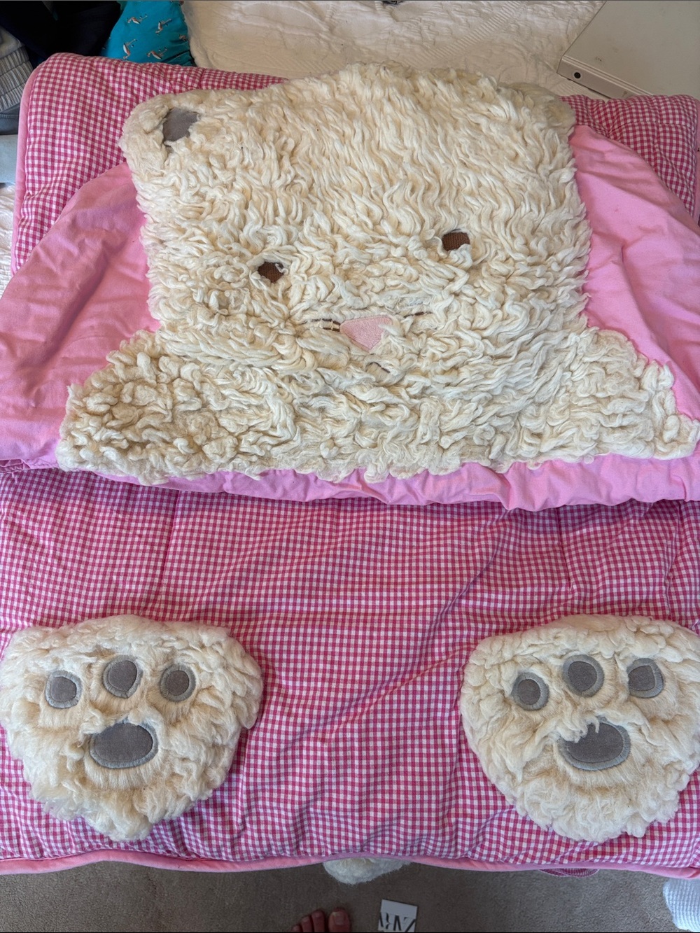 Pottery Barn Kids Cream Lamb Hooded Bedding Set with Pink Accents